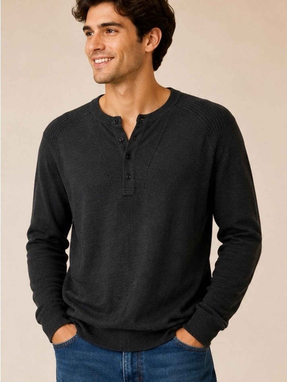 Armani Exchange Black Henley Knit Top